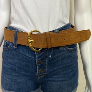 Brown PU suede leather belt with gold tone buckle